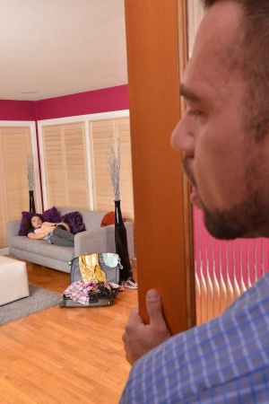 Lucie Cline fucks aunt’s husband peeping tom till drains his cock