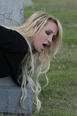 Classy blonde Jessica Drake teasing her wet pussy in the graveyard