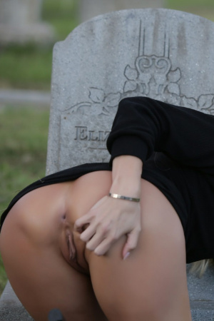 Classy blonde Jessica Drake teasing her wet pussy in the graveyard