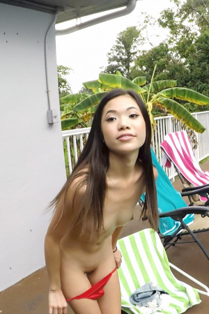 Tiny asian freak Vina Sky hooks up with her boyfriend by the pool