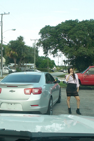 Sassy brunette Alexandra pays for car repair with mouth and pussy
