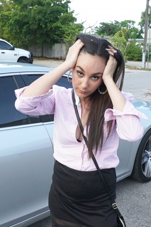 Sassy brunette Alexandra pays for car repair with mouth and pussy