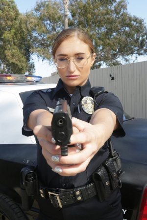Sexy cop Skylar Snow squirts all over the hood of her car