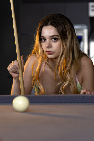 Teen beauty Molly Little solo caresses herself on the pool table