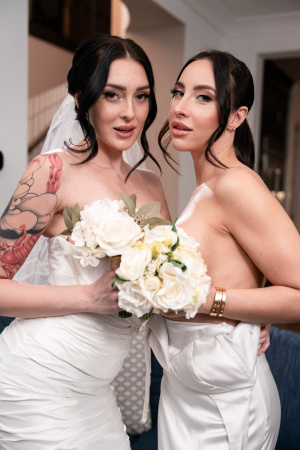Curvy brides Charlotte Sins and Melissa Stratton in lesbian sex