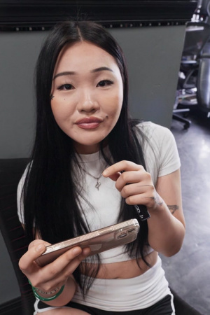 POV sex in a tattoo parlor with busty Diamond Franco