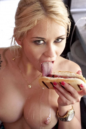 Fake tits hottie Marsha May gets fucked and cum on hot dog
