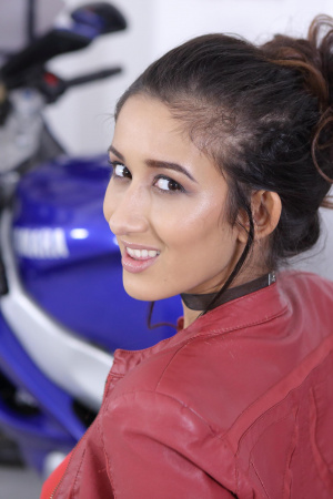 Sexy Darcia Lee craves admiring looks and masturbates on a motorcycle in front of friends bikers