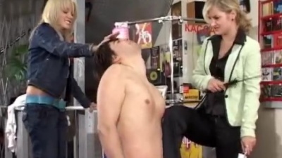 Puppy slave dick trampled and spanked in a public shop