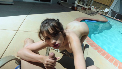 Cute chick Liv Wild gives head by the pool