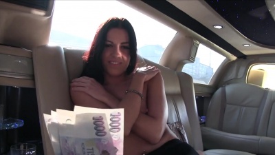Eveline Dellai sucks cock & rides a hard dick in the back of a limo